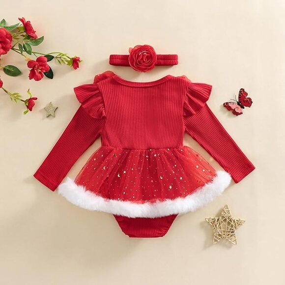 🎄Fancy Baby Girl Christmas Bodysuit with Tutu + Matching Headband - Picture 2 of 11